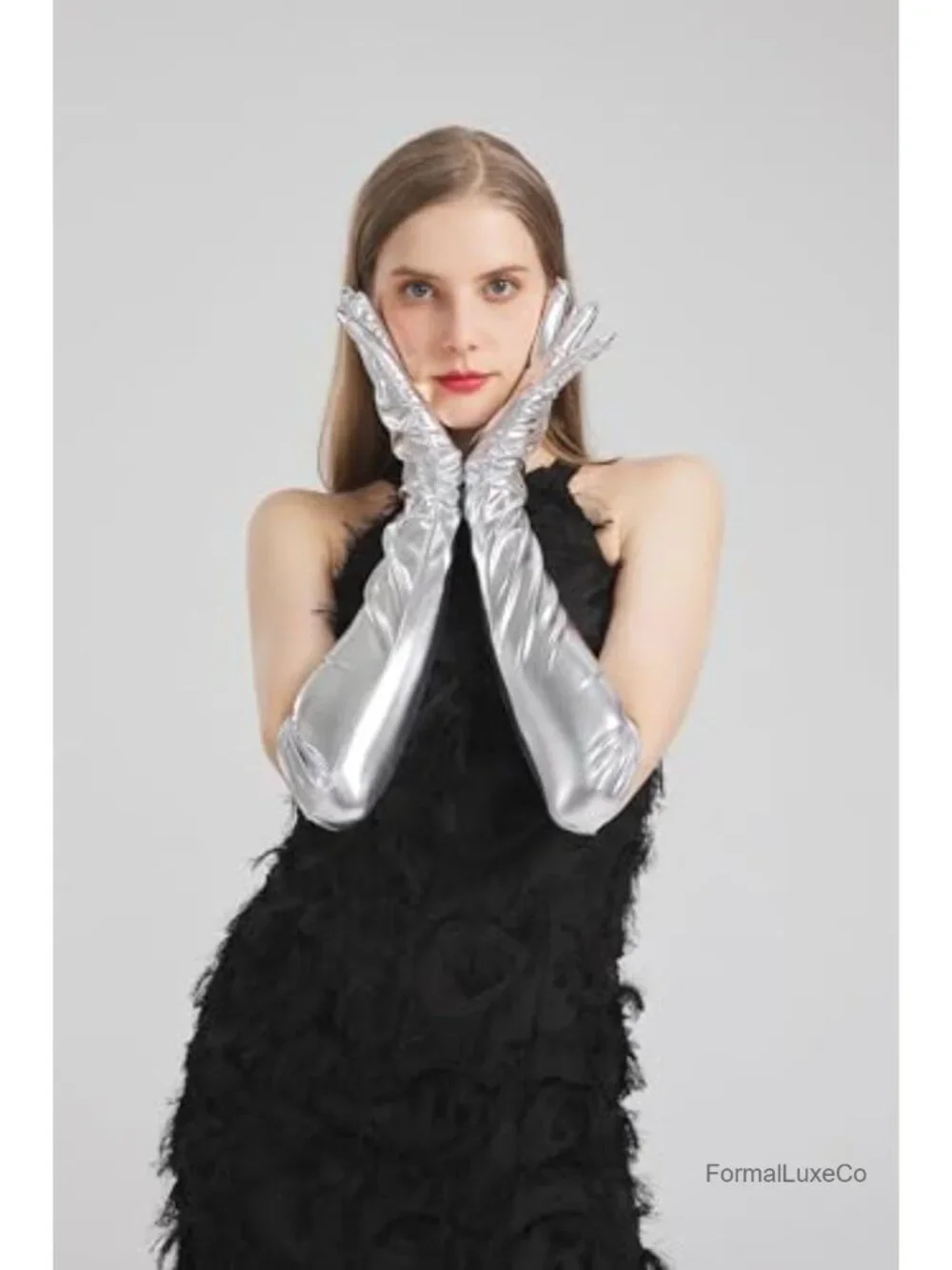 Metallic Elbow Length Gloves Women Costume Opera Cosplay Faux Leather
